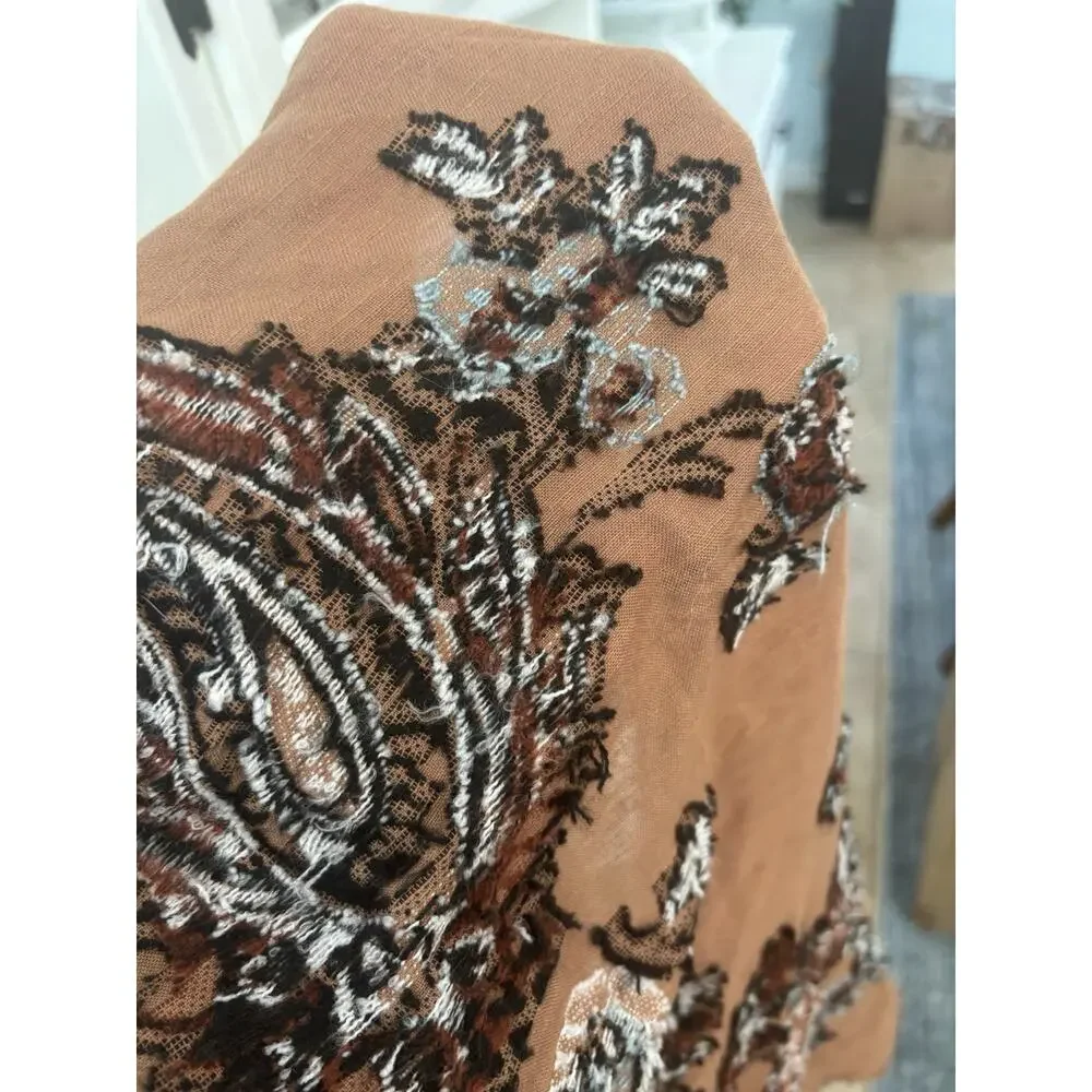 Embroidered Paisley Triangle Scarf Shawl Rust Brown Boho Fringe Modal Rayon Ctn